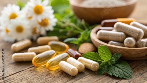 herb, wild herb, natural supplement. Colorful herbal capsules arranged with fresh herbs and flowers, showcasing natural wellness elements on a wooden surface.