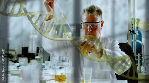 Scientist pressing pipette plunger drawing yellow solution for research with DNA helix color shift