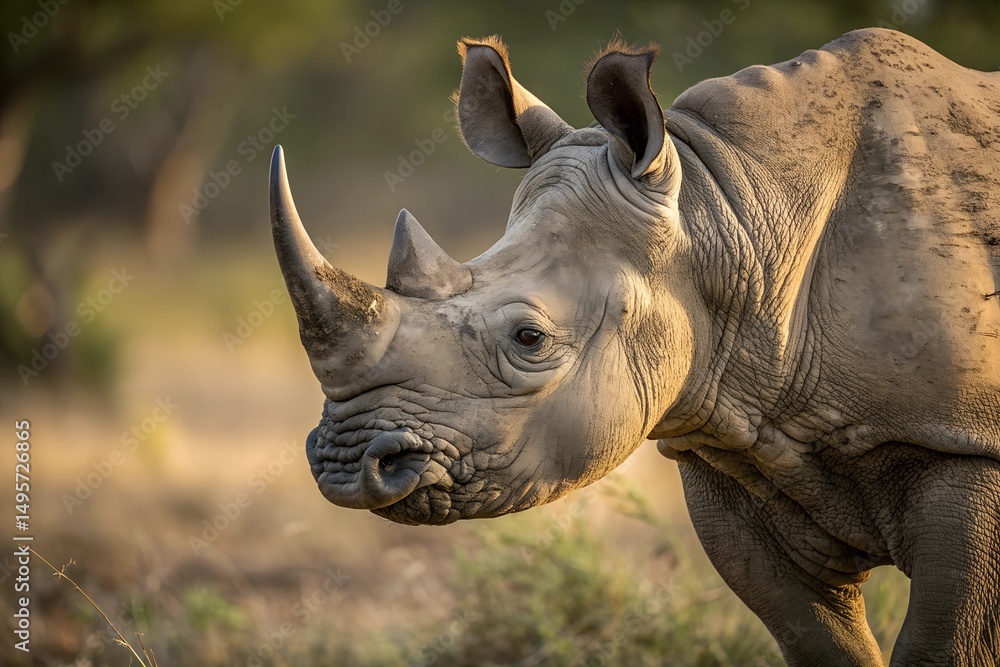 Fototapeta premium Rhinoceros in Natural Light. Close-up of a rhinoceros in a blurred natural setting, highlighting its textured skin and horns under soft golden light