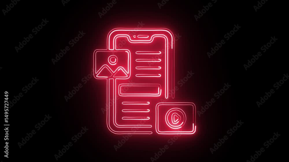 glowing neon mobile blogging icon, isolated, black background, HD motion graphic animation glowing neon mobile blogging icon, isolated, black background, HD motion graphic animation