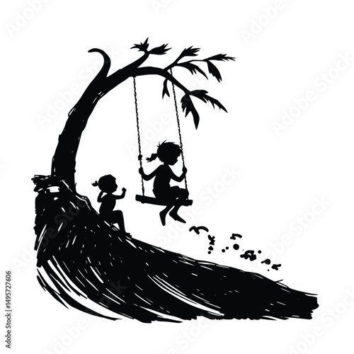 hand drawn vector silhouette of  children playing on a swing set under a tree.