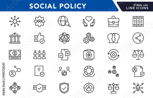 Social policy line icon set. social network, Insurance, public service education, reform, services, welfare, health care, legislation, society, community, Inclusion outline vector thin icon pack