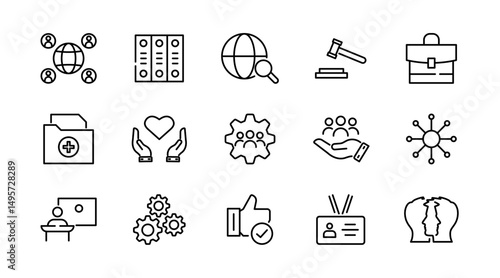 Social policy line icon set. social network, Insurance, public service education, reform, services, welfare, health care, legislation, society, community, Inclusion outline vector thin icon pack