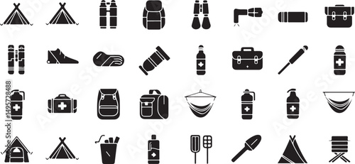 Camping Gear and Outdoor Adventure Equipment Icons