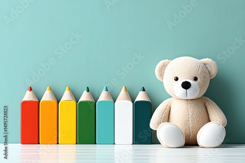 Teddy Bear and Colorful Pencils on Table