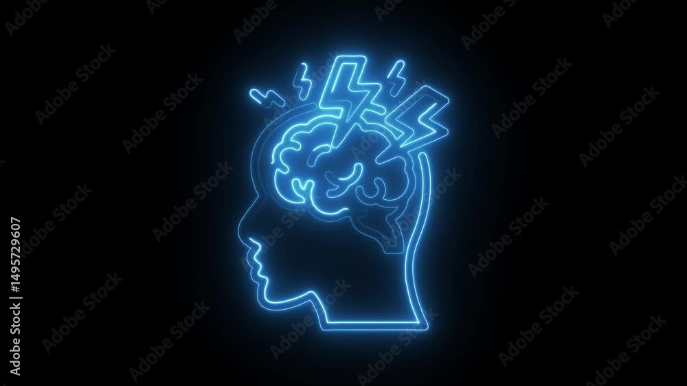 Neon head silhouette with brain and lightning illustration on black background Neon head silhouette with brain and lightning illustration on black background