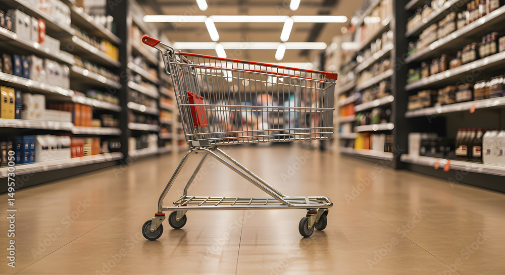 Empty Shopping Cart in Sunlit Retail Store Empty Shopping Cart in Sunlit Retail Store