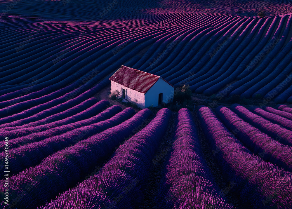 Fototapeta premium Picturesque lavender fields at sunset in summer. Vibrant purple lavender fields stretch across summer landscape, basking in warm golden sunset light, inviting travel.