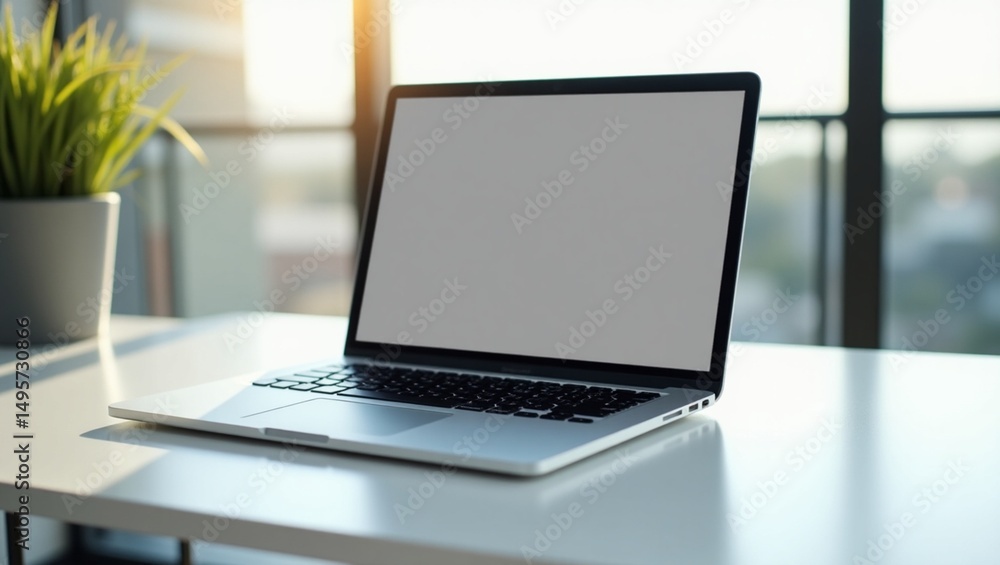 A modern laptop on a minimalist desk, displaying a responsive website design, with natural lighting and a blurred background, for laptop mockup A modern laptop on a minimalist desk, displaying a responsive website design, with natural lighting and a blurred background, for laptop mockup