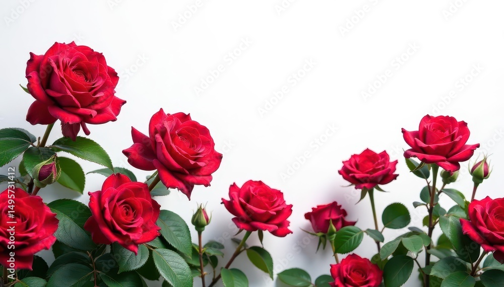 Vibrant red rose bushes in full bloom against pure white background, texture, close-up Vibrant red rose bushes in full bloom against pure white background, texture, close-up