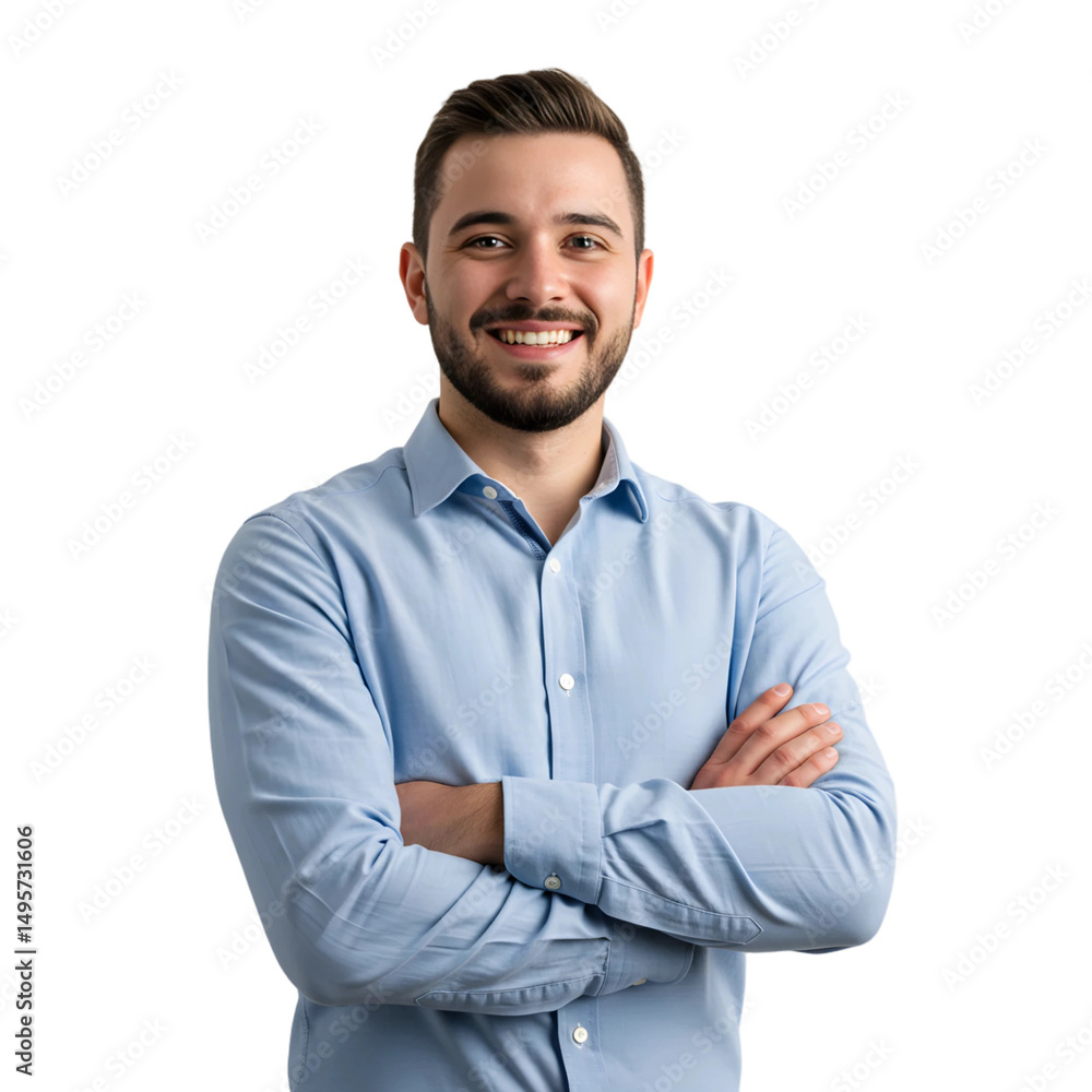 Handsome Smiling Young Businessman in a Blue Shirt Standing with Arms Crossed, PNG format Handsome Smiling Young Businessman in a Blue Shirt Standing with Arms Crossed, PNG format