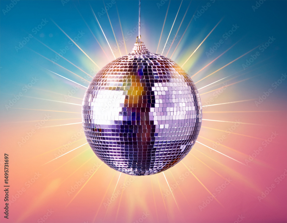 Fototapeta premium shimmering disco ball creating vivid sparkles against a soft gradient background for minimalist creative projects