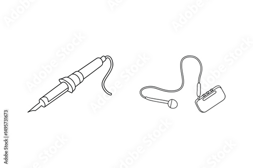 Soldering iron and portable cassette player vector outline on white background design