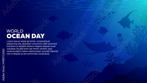 World Ocean Day Background - Deep Sea or Underwater Vector Illustration Banner For Eco-Awareness Campaigns, Environmental Posters, Nature-Themed Events, Promotions, Social Media post and Web Banner