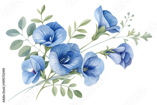 Watercolor Butterfly Pea Bouquet Isolated on Transparent Background
