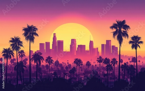 los angeles skyline at sunset, silhouette with palm trees