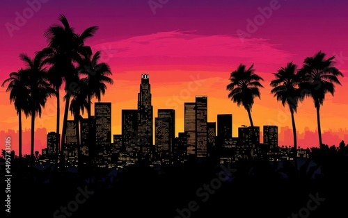 los angeles skyline at sunset, silhouette with palm trees
