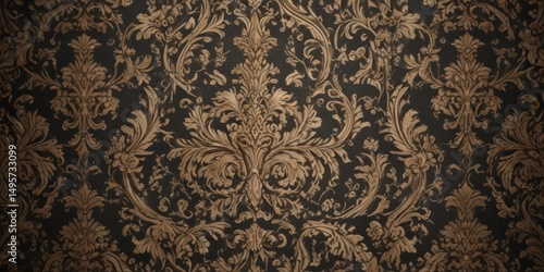 Opulent damask wallpaper; floral scrolls, geometric accents, textured surface,  fabric,  motif,  elegant