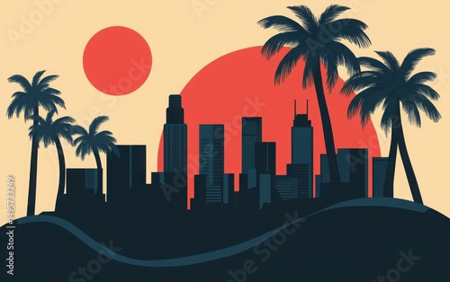 los angeles skyline at sunset, silhouette with palm trees