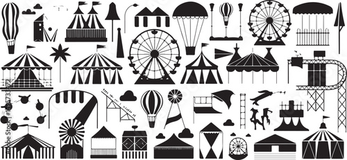 Amusement Park Icons Black and White Silhouette Collection