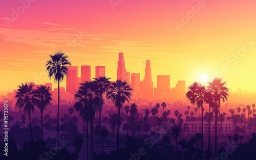 los angeles skyline at sunset, silhouette with palm trees