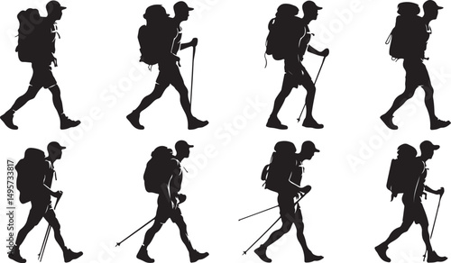 Six Silhouettes of Hikers with Backpacks and Trekking Poles
