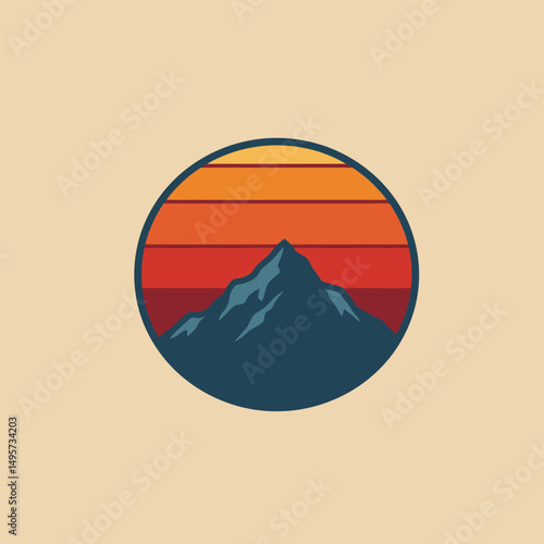 Sunset above mountains peak silhouette. Vintage styled mountain logo or sticker or poster template. Vector illustration