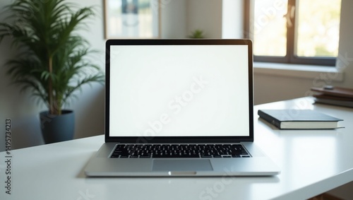 A modern laptop on a minimalist desk, displaying a responsive website design, with natural lighting and a blurred background, for laptop mockup