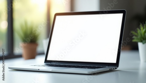 A modern laptop on a minimalist desk, displaying a responsive website design, with natural lighting and a blurred background, for laptop mockup