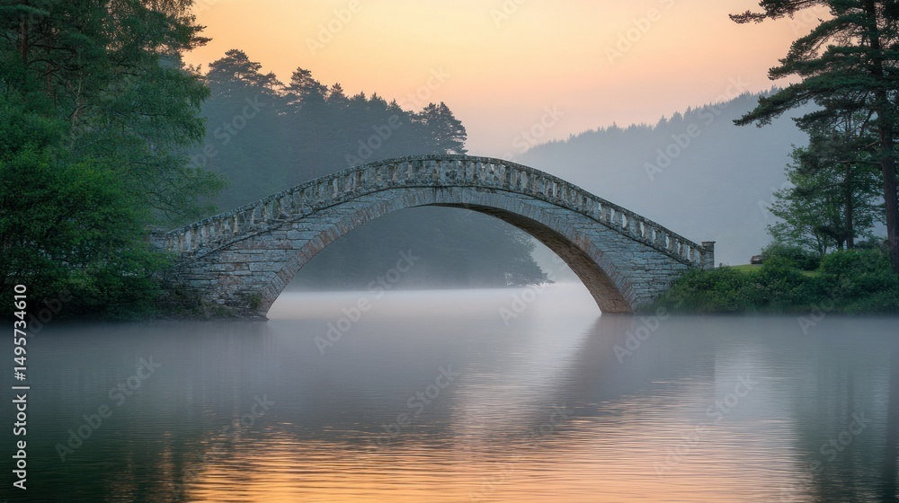 Fototapeta premium Ancient stone arch bridge over misty lake at dawn