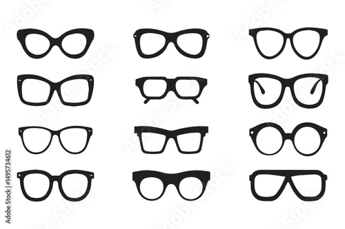 Minimalist Vintage Eyeglasses Set Black Silhouette Vector Illustration Retro Optical Frames on White Background.