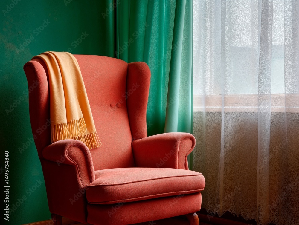 Obraz premium Cozy armchair with orange throw blanket sits against a vibrant green wall, illuminated by soft natural light filtering through sheer curtains, creating a warm and inviting atmosphere