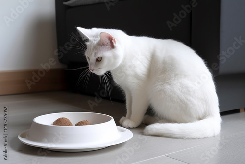 Curious Gaze White Cat and Its Mystery Meal