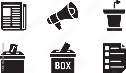 Collection of black and white icons representing media politics and voting process