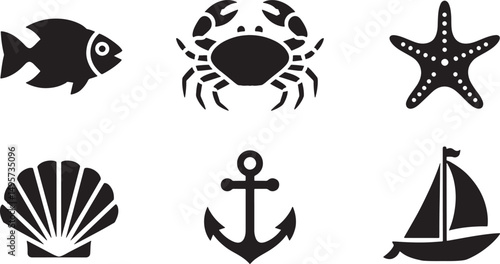 Collection of black and white nautical icons featuring a fish crab seashell anchor and sailboat