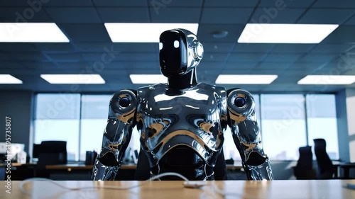 A shiny robot stands in an office with lights and windows in the background looking at the camera