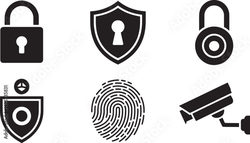 Security and protection vector icons depicting padlocks shields fingerprint and surveillance camera