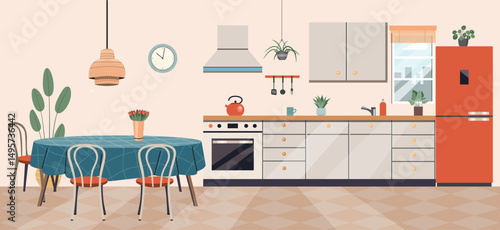 Kitchen interior cozy home food cooking and dining room poster vector flat illustration