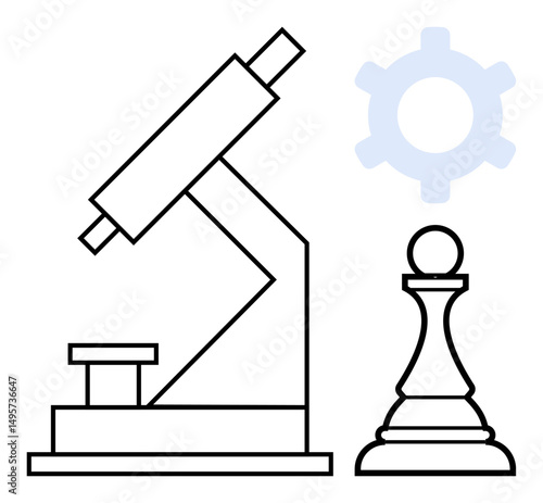 Microscope alongside chess pawn and gear suggesting blend of science, strategic thinking, and innovation. Ideal for research, problem-solving, technology, education, decision-making, leadership