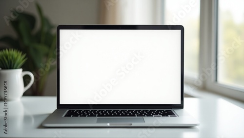 A modern laptop on a minimalist desk, displaying a responsive website design, with natural lighting and a blurred background, for laptop mockup