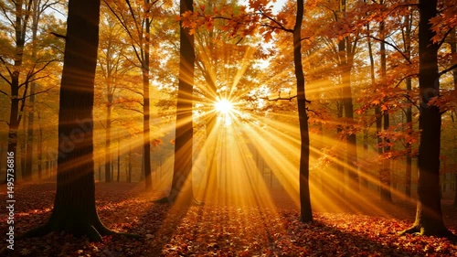 Autumn forest sun rays illuminate trees with golden light. Sunlight streams through leaves creating magical atmosphere. Breathtaking autumn scene perfect for video projects, nature documentaries