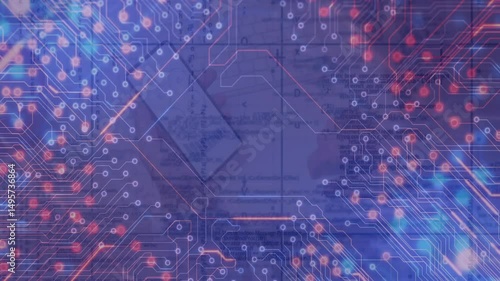 Beginning with hexagon on grid, circuit traces emerging, nodes pulsing forming digital network web