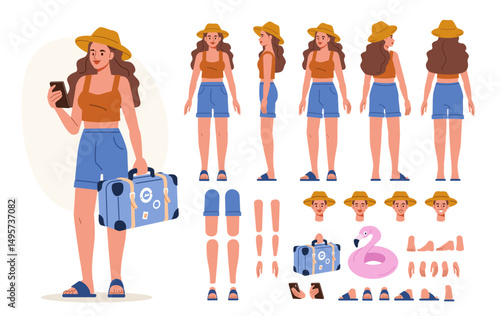 Girl wearing summer clothes holding baggage. Character constructor for animation. Front, side and back view set. Body parts, postures, poses collection. Vector illustration.
