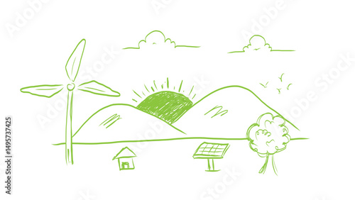 A green doodle of a sustainable landscape with wind turbine, solar panel, tree, and sunrise. Represents eco-living, clean energy, and environmental awareness, Vector illustration