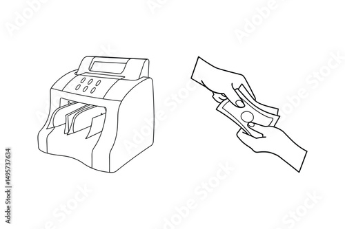 Line art illustration of a money counting machine and hand exchanging cash bills.