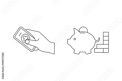 Hand holding mobile with plus sign and piggy bank next to a brick wall symbolizing savings