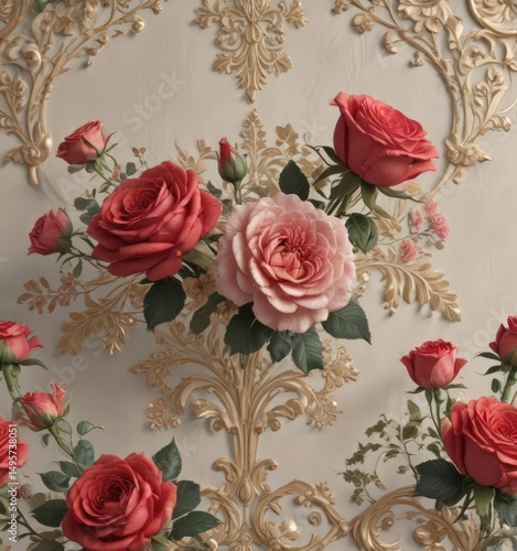 Intricate damask with blooming roses, neutral backdrop, vector, elegant
