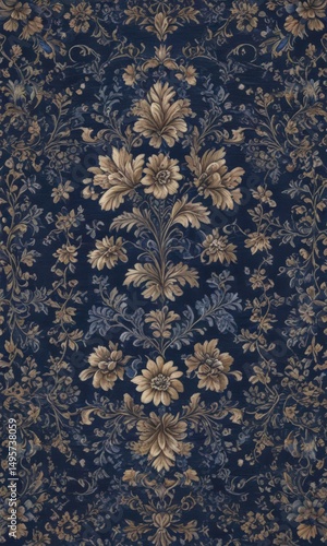 Royal blue floral tapestry, intricate Victorian design  Vintage textile , royal, ornate