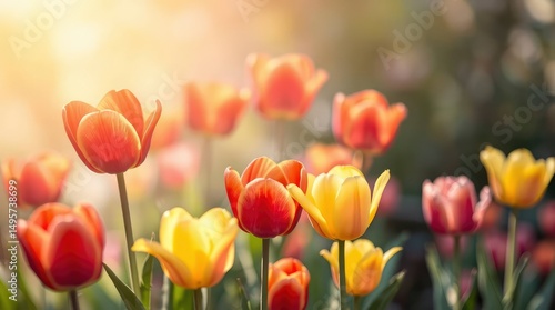 Sunlit Tulips: A Warm and Vibrant Spring Meadow