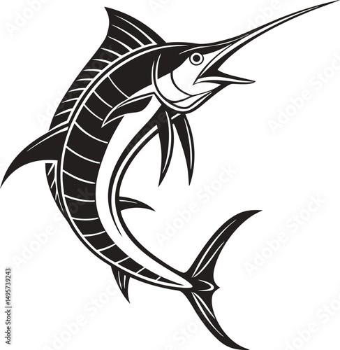 Marlin Fish Silhouette Design Illustration.  Marlin Fish. Ocean Marlin Fish Silhouette Artwork. Marlin Game Fish Silhouette Design